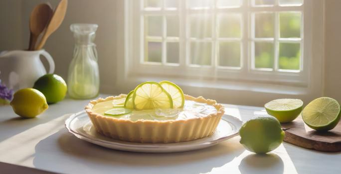 Fotografia de uma torta de limão com base de aveia, avelã e cacau. No meio do creme da torta tem algumas fatias finas de limão. A torta está em um prato grande branco decorativo, que está sobre uma mesa de madeira, ao redor tem limões inteiros.