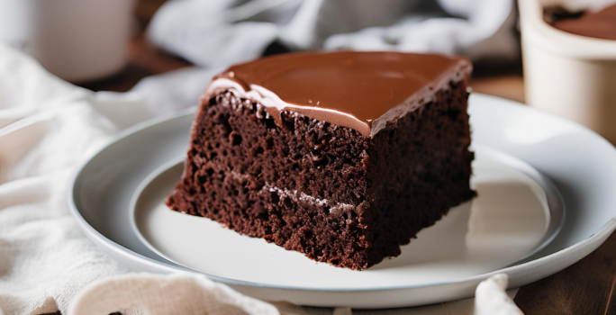 Fotografia mostra uma fatia de bolo de chocolate com cobertura de chocolate sobre um prato branco