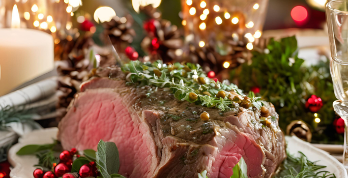 Foto da receita de pernil de cordeiro coberto com molho de hortelã sobre uma mesa inteira decorada com adornos natalinos