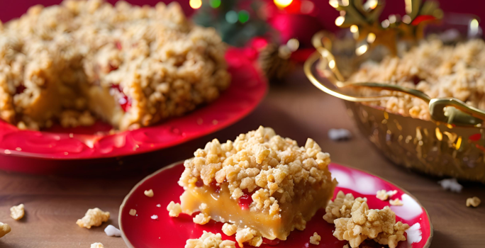 Receita de Cuca Natalina da Vó Rosa, tradicional e deliciosa, feita com uma massa à base de nata e farinha, com frutas cristalizadas e finalizada com uma farofa doce crocante, servida em uma mesa de natal sobre um prato vermelho