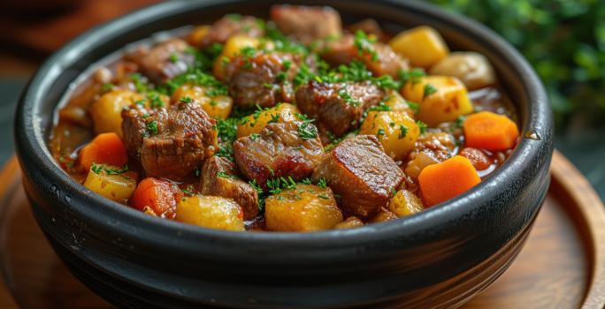 Fotografia em tons de castanho com um prato fundo preto ao centro. Dentro do prato existe uma carne de panela com batatas e cenouras banhadas em um molho de cor caramelo e cobertas por cebolinha.