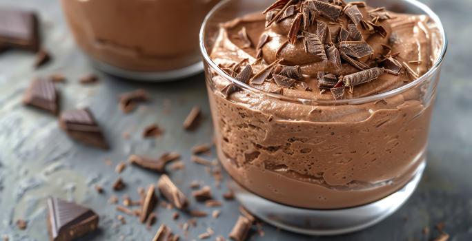 Fotografia em tons de cinza com dois copos de vidro ao centro. Dentro dos copos existe uma receita de mousse de chocolate com raspas de chocolate em cima. Ao lado existe pedaços de chocolate.