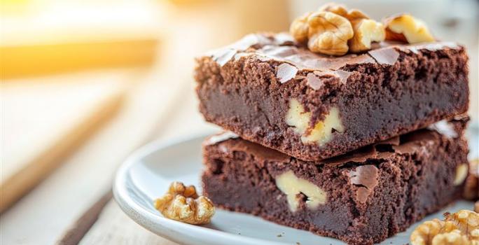 Fotografia de dois pedaços, um sobre o outro, de brownie com nozes sobre um prato de vidro raso.