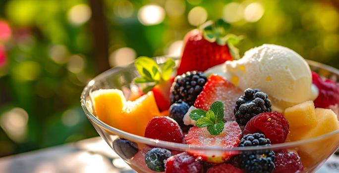 Fotografia de um recipiente de vidro fundo com uma salada de frutas e sorvete de creme. O recipiente está sobre uma mesa de madeira com árvores no fundo.