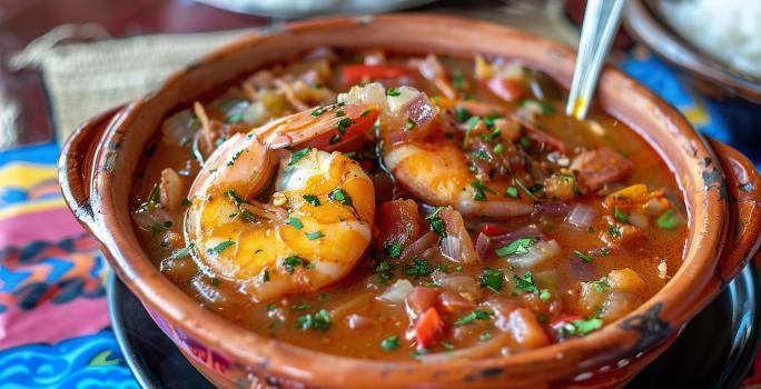 Foto aproximada de uma panela de barro com a receita de moqueca de camarão dentro, bem avermelhada no molho, com camarões à vista, coentro picado e uma concha dentro