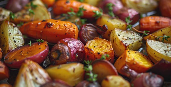 Fotografia de vários legumes em pedaços assados e temperados juntos.