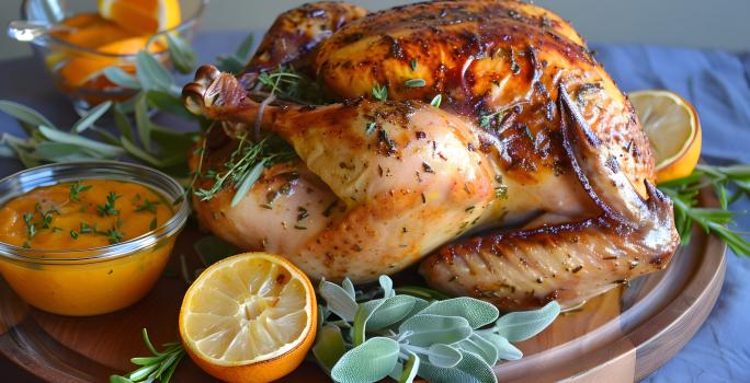 Fotografia de um frango inteiro assado com mel e laranja sobre uma tábua de madeira redonda. Por cima da tábua tem alguns ramos de tomilho, laranjas na metade e um molho laranja dentro de um recipiente de vidro pequeno.