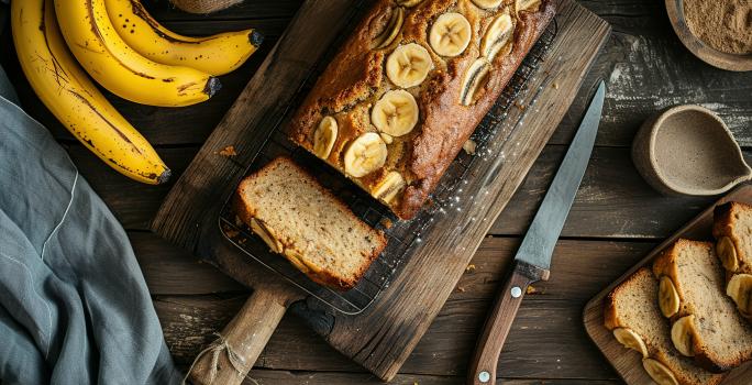 Fotografia vista de cima de um bolo de banana assado em forma retangular pequena. O bolo está apoiado em uma grade e sobre uma tábua de madeira escura. Ao redor tem algumas bananas com casca, fatias do bolo já cortado e uma faca.