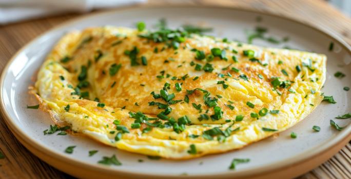 Fotografia de uma omelete rápida sobre um prato de vidro raso, e por cima da omelete tem cebolinha picada salpicada. O prato está sobre uma mesa de madeira.