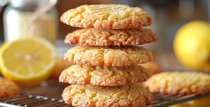 Fotografia de cinco cookies de limão empilhados, sobre uma grade. No fundo tem alguns limões e mais cookies do mesmo sabor.