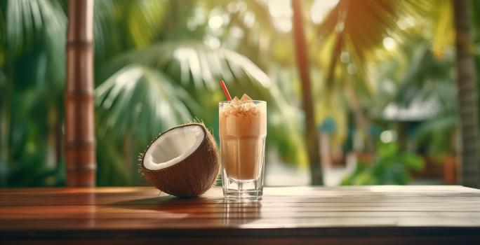 Fotografia de um copo de vidro com uma bebida de coco com Cereal NESTON 3 Cereais ao lado de uma metade de coco. O copo está sobre uma mesa de madeira, e ao fundo tem algumas árvores.