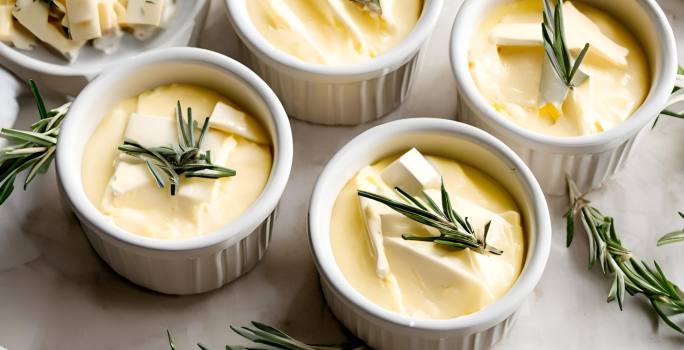 Fotografia mostra recipientes brancos com um creme amarelo e cremoso, coberto com quadradinhos de queijo e alecrim fresco. A iluminação suave destaca os detalhes do prato.