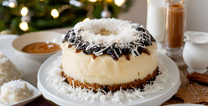 Bolo de Doce de Leite com Ameixa, servido em uma mesa natalina e decorado com ameixa, coco ralado e doce de leite