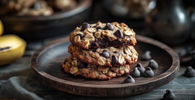 Fotografia de três unidades de cookies de banana com aveia e chocolate dentro de um recipiente raso, junto com gotas de chocolate, de cor marrom escuro. Ao lado do recipiente tem duas bananas inteiras.