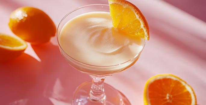 Fotografia de uma taça pequena com uma mousse de laranja e chocolate branco.  Na borda da taça tem um pedaço de laranja, a taça está sobre uma mesa branca com sombras de outras laranjas que estão na mesa.