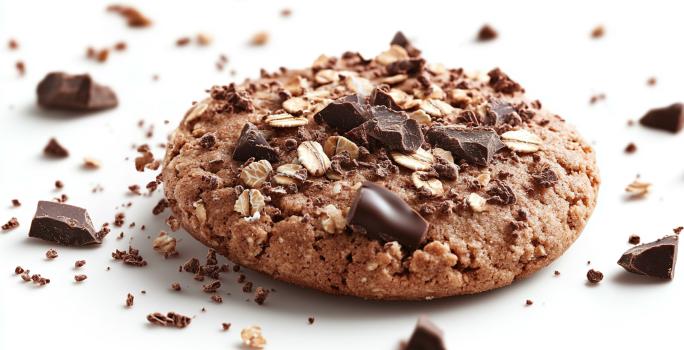 Fotografia de um cookie tradicional integral com castanha, aveia e pedaços de chocolate por cima e espalhado ao redor. O cookie está sobre uma mesa branca.