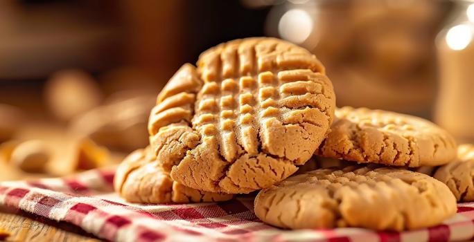 Fotografia de vários cookies de pasta de amendoim juntos sobre um pano vermelho e branco quadriculado. Ao fundo tem alguns amendoins sobre uma mesa de madeira.