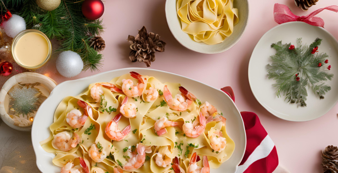 Receita de Camusquim de Camarão Natalino, super tradicional, feito com macarrão papardelle, camarões, servida cremosa