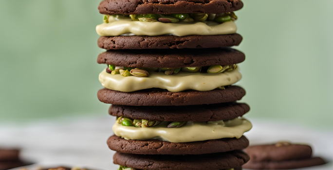 Fotografia mostra uma pilha de cookies de chocolates recheados com um creme esverdeado e pistache.