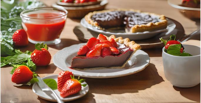 Fotografia de uma fatia de torta de chocolate com calda de morango por cima. a torta está em um prato de vidro branco pequeno, o qual está sobre uma mesa de madeira. Ao redor da torta tem um pote pequeno de vidro com calda de morango e morangos.