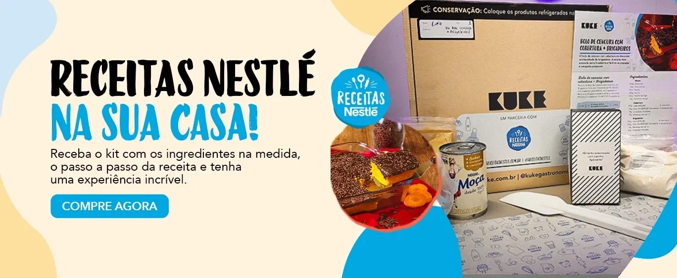 Imagem com fundo azul e amarelo, com foto de um bolo e a caixa Kuke e alguns produtos Nestlé como Moça e Chocolate