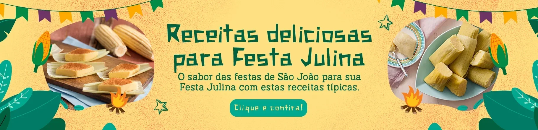 	Imagem com fundo amarelo, dois círculos com fotos de comidas típicas de São João, detalhes e escritos na cor verde.