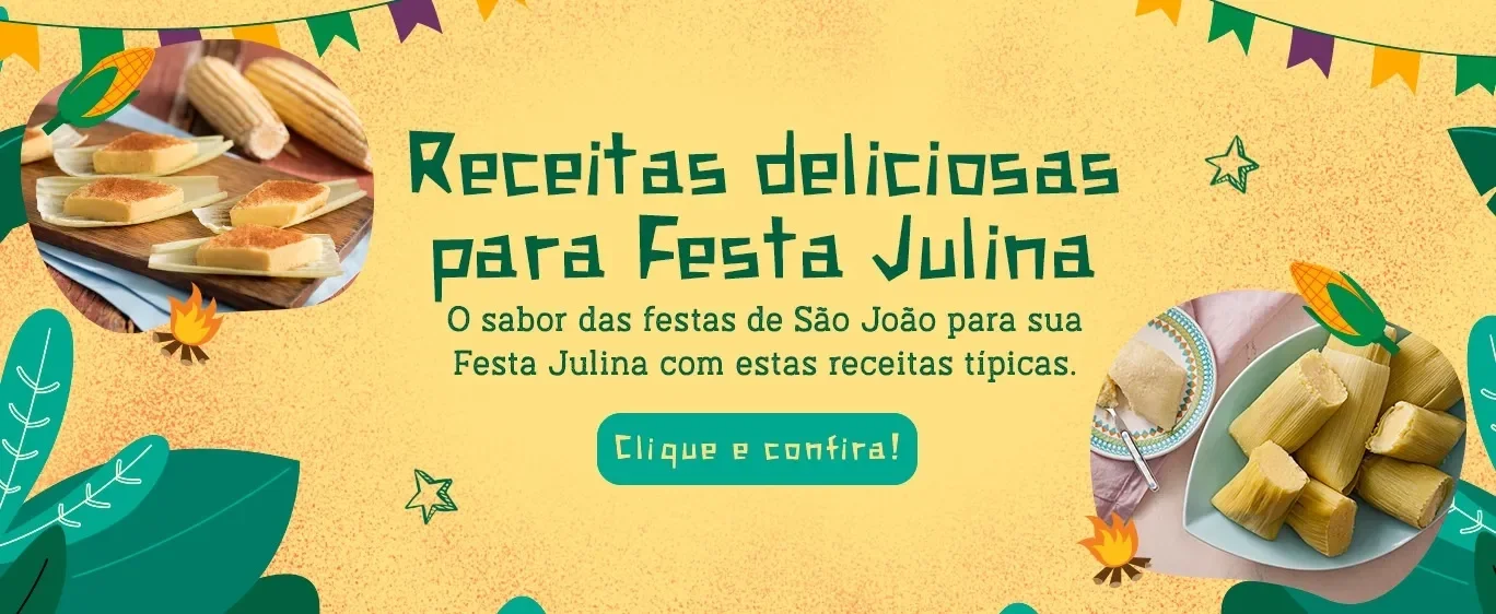 Imagem com fundo amarelo, dois círculos com fotos de comidas típicas de São João, detalhes e escritos na cor verde.