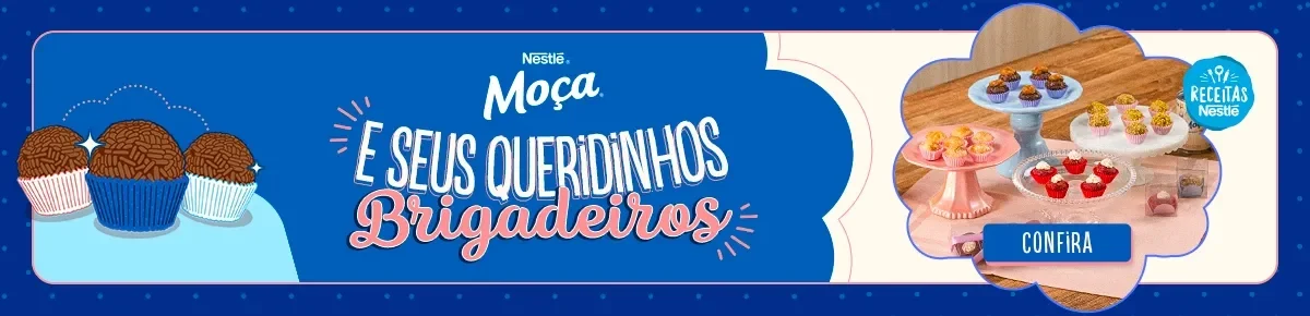 Imagem de fundo azul com uma mesa com diversos brigadeiros e o texto: "Moça e seus queridinhos brigadeiros"