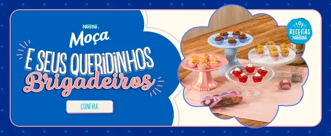 Imagem de fundo azul com uma mesa com diversos brigadeiros e o texto: "Moça e seus queridinhos brigadeiros"