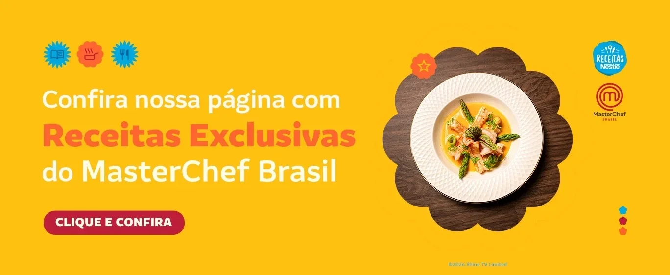 Imagem com fundo amarelo,  prato de uma receita e o texto para conferir a página com receitas exclusivas do MasterChef Brasil