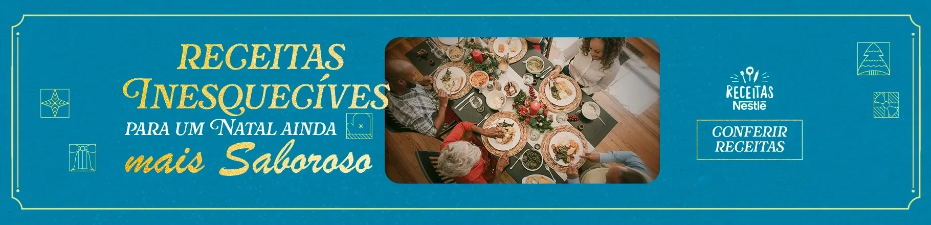  Banner azul com detalhes dourados, ao meio foto de uma mesa natalina com familiares jantando, e ícones festivos. 