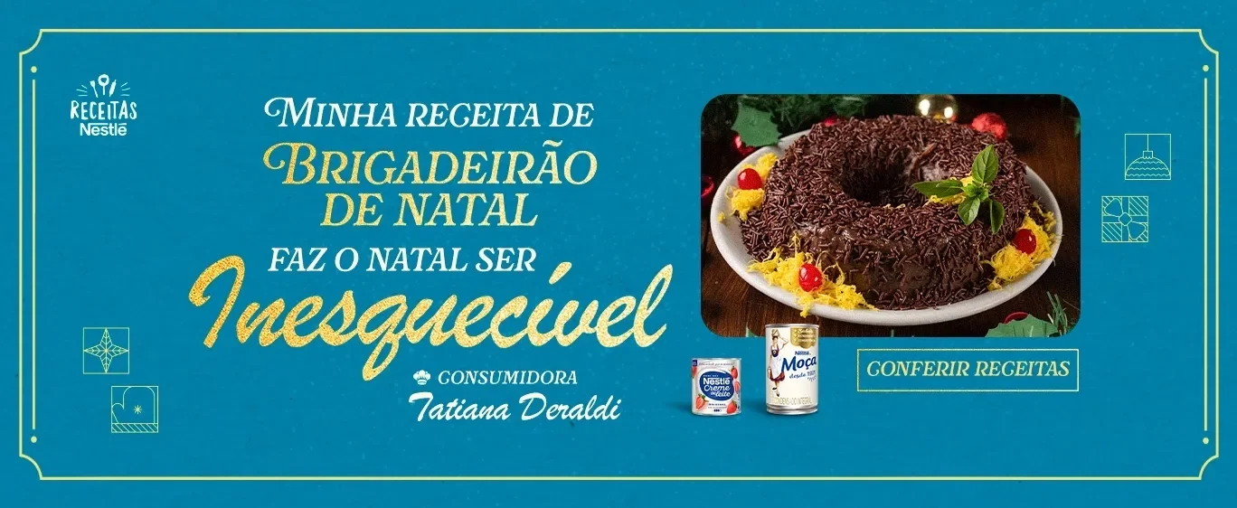 Banner azul com detalhes dourados, ao lado direito a foto da receita Brigadeirão de Natal da consumidora Tatiana.