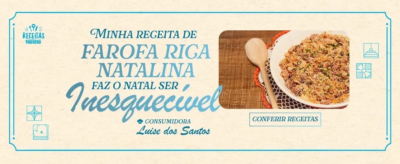 Banner com fundo bege, detalhes em azul e estilo natalino. Inclui a foto da farofa em um prato branco, receita da consumidora