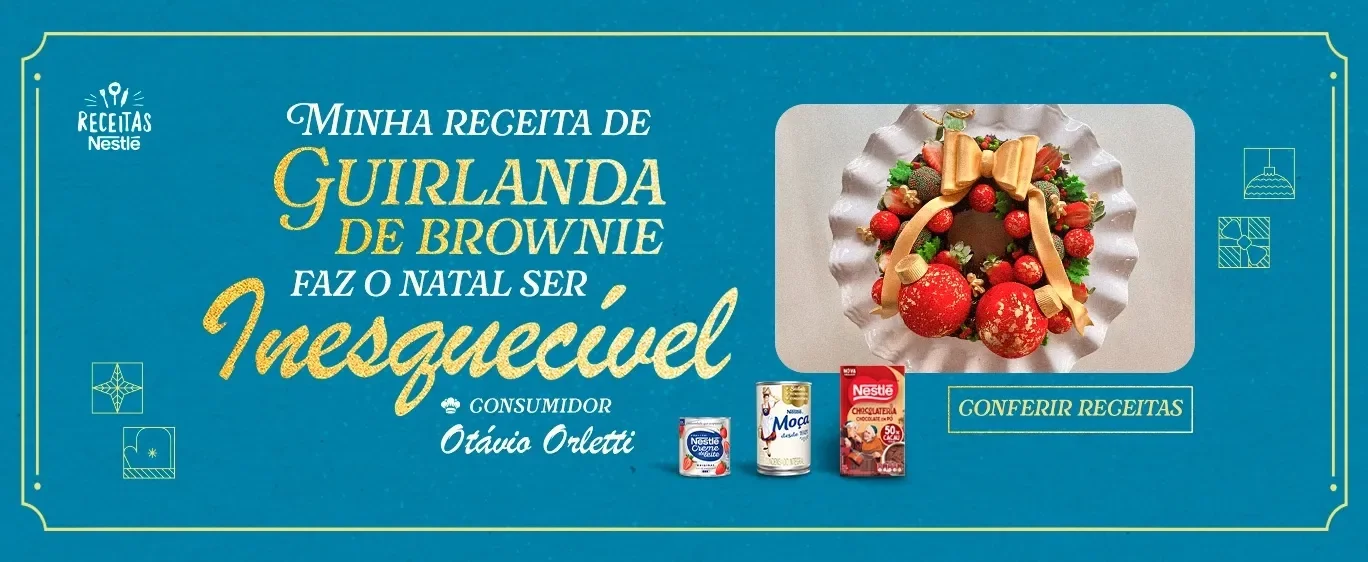 Banner azul com detalhes dourados, ao lado direito a foto da receita Guirlanda de Brownie do consumidor Otávio.