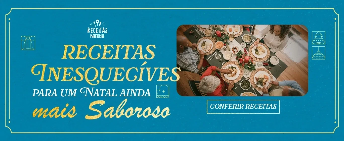 Banner azul com detalhes dourados, ao meio foto de uma mesa natalina com familiares jantando, e ícones festivos.