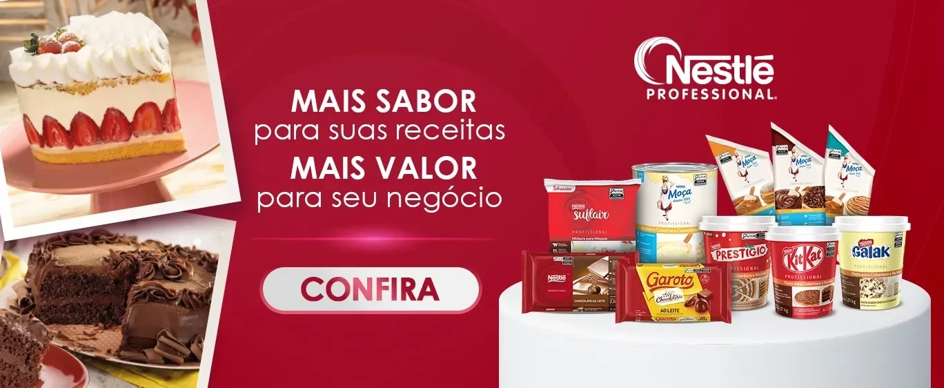 Fundo vermelho elegante, produtos ao centro, bolos nas laterais, texto destacado em branco e rosa, botão Confira.