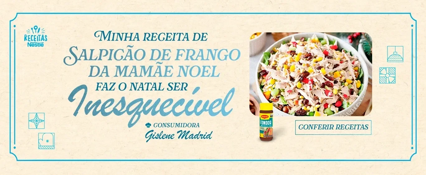 Banner com fundo bege e detalhes em azul. Inclui a foto do prato salpicão de frango, receita da consumidora Gislene.