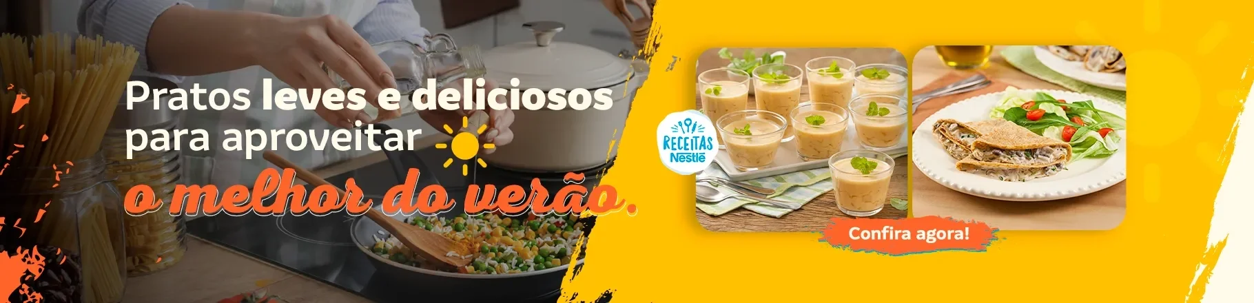 Imagem de pratos leves e refrescantes, incluindo sobremesa e panqueca com salada, fundo amarelo vibrante.