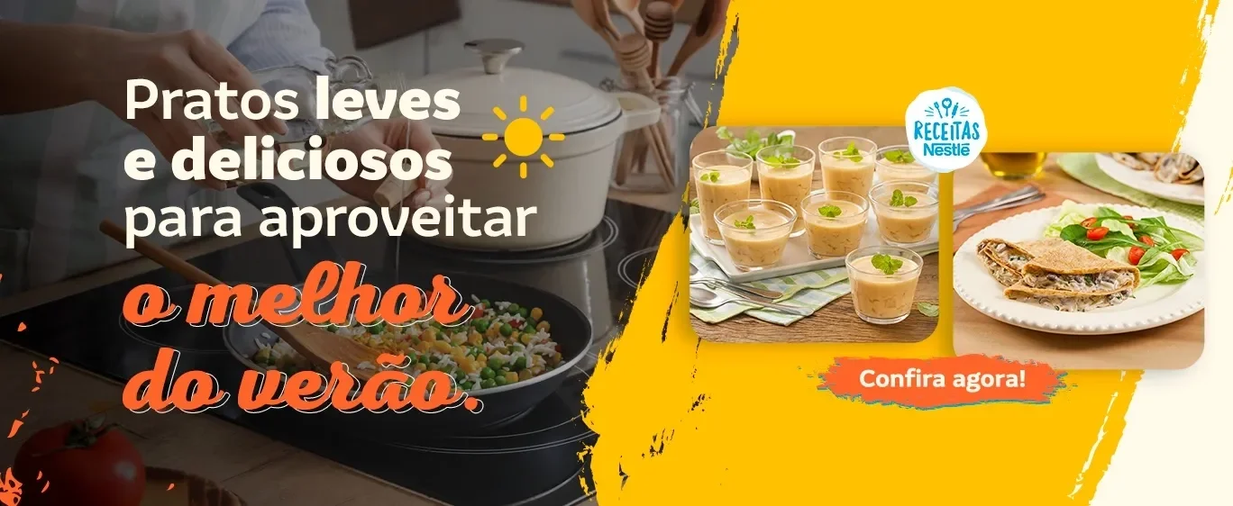 Imagem com pratos leves de verão:panqueca e sobremesas de abacaxi, ao lado uma pessoa preparando um prato com arroz e legumes