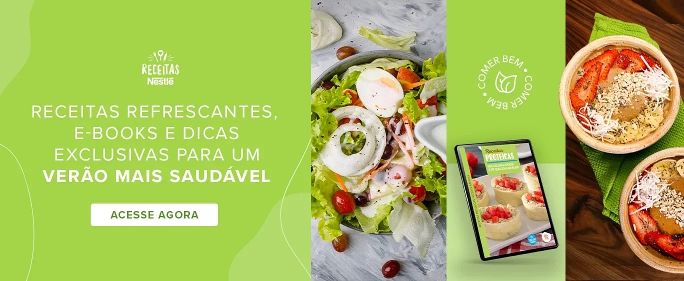 Banner verde com salada fresca e texto: "Receitas refrescantes e dicas exclusivas para um verão mais saudável. Acesse agora."