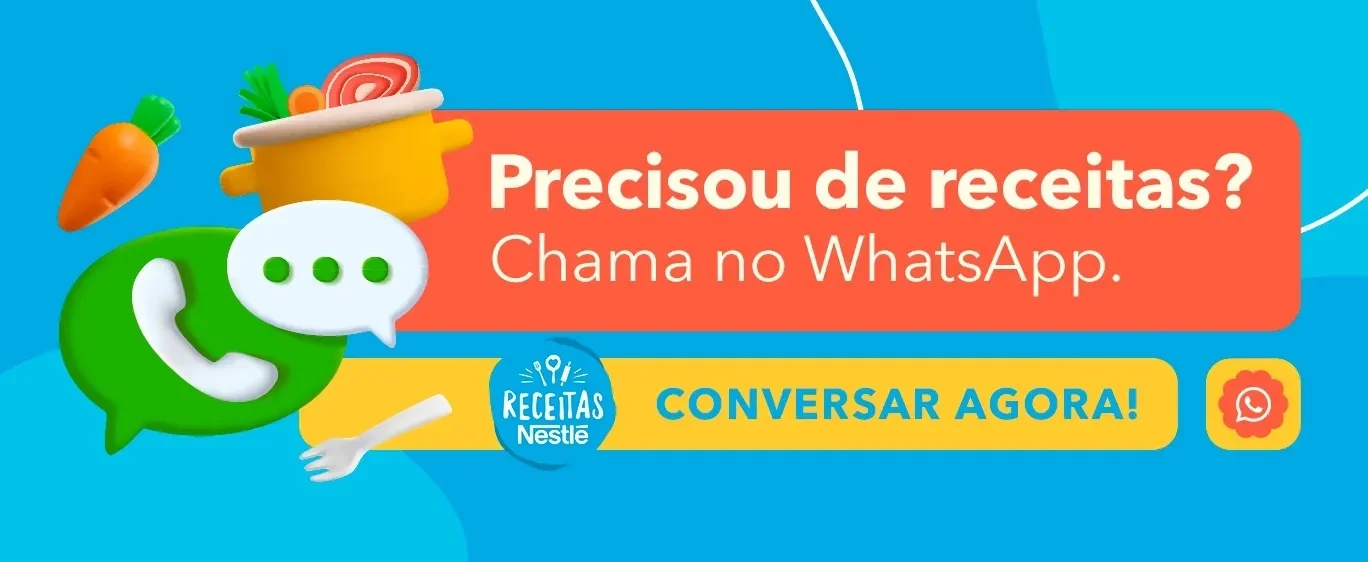 Banner colorido com ícones de alimentos, panela e WhatsApp. Botão amarelo "CONVERSAR AGORA!" com logotipo Receitas Nestlé.