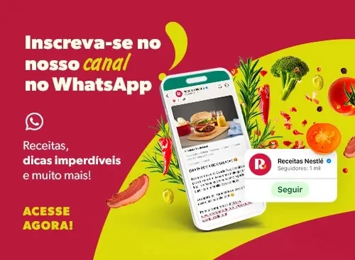Receitas Nestlé no WhatsApp Banner colorido em vermelho e amarelo com celular, legumes e convite para seguir o canal de Receitas Nestlé no WhatsApp
