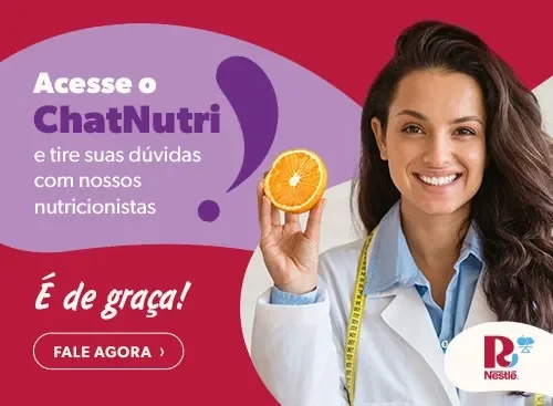 Banner em tons vinho e roxo com nutricionista sorrindo e laranja na mão, promovendo o ChatNutri para tirar dúvidas grátis com