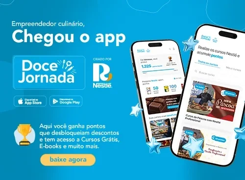 App Doce Jornada Nestlé Banner azul do app Doce Jornada com celular exibindo cursos, pontos e botão de download na App Store e Google Play.