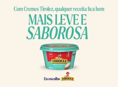 Tirolez Pessoa ao ar livre segura uma tigela de salada com garfo, ao lado esquerdo há texto verde com título Cremes Tirolez e slogan.