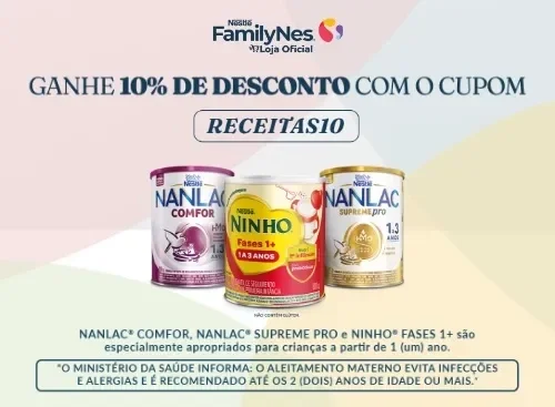 Banner FamilyNes com NINHO e NANLAC, texto de 10% de desconto com cupom RECEITAS10