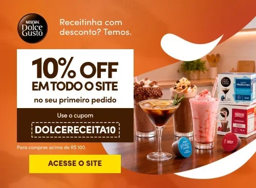 Banner NESCAFÉ Dolce Gusto com bebidas geladas, cupom DOLCERECEITA10 e desconto de 10% no site oficial